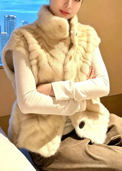 Classy Beige Stand Collar Button Faux Fur Waistcoat Sleeveless
