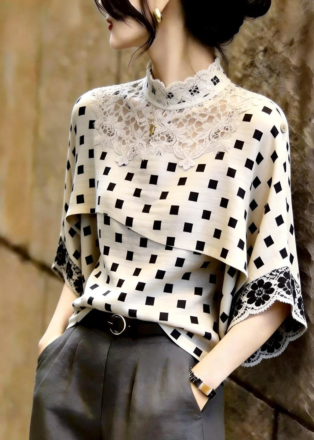 Classy Beige Stand Collar Plaid Lace Patchwork Top Three Quarters Sleeve
