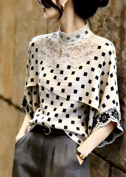 Classy Beige Stand Collar Plaid Lace Patchwork Top Three Quarters Sleeve