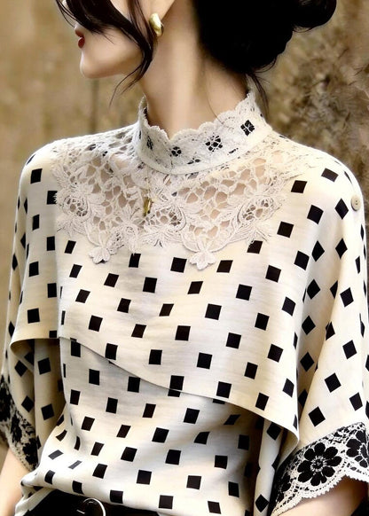 Classy Beige Stand Collar Plaid Lace Patchwork Top Three Quarters Sleeve