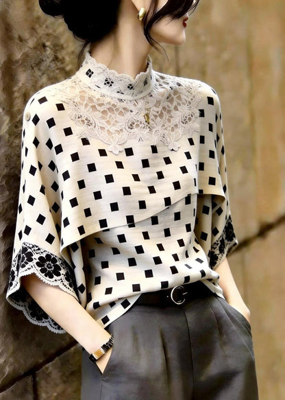 Classy Beige Stand Collar Plaid Lace Patchwork Top Three Quarters Sleeve