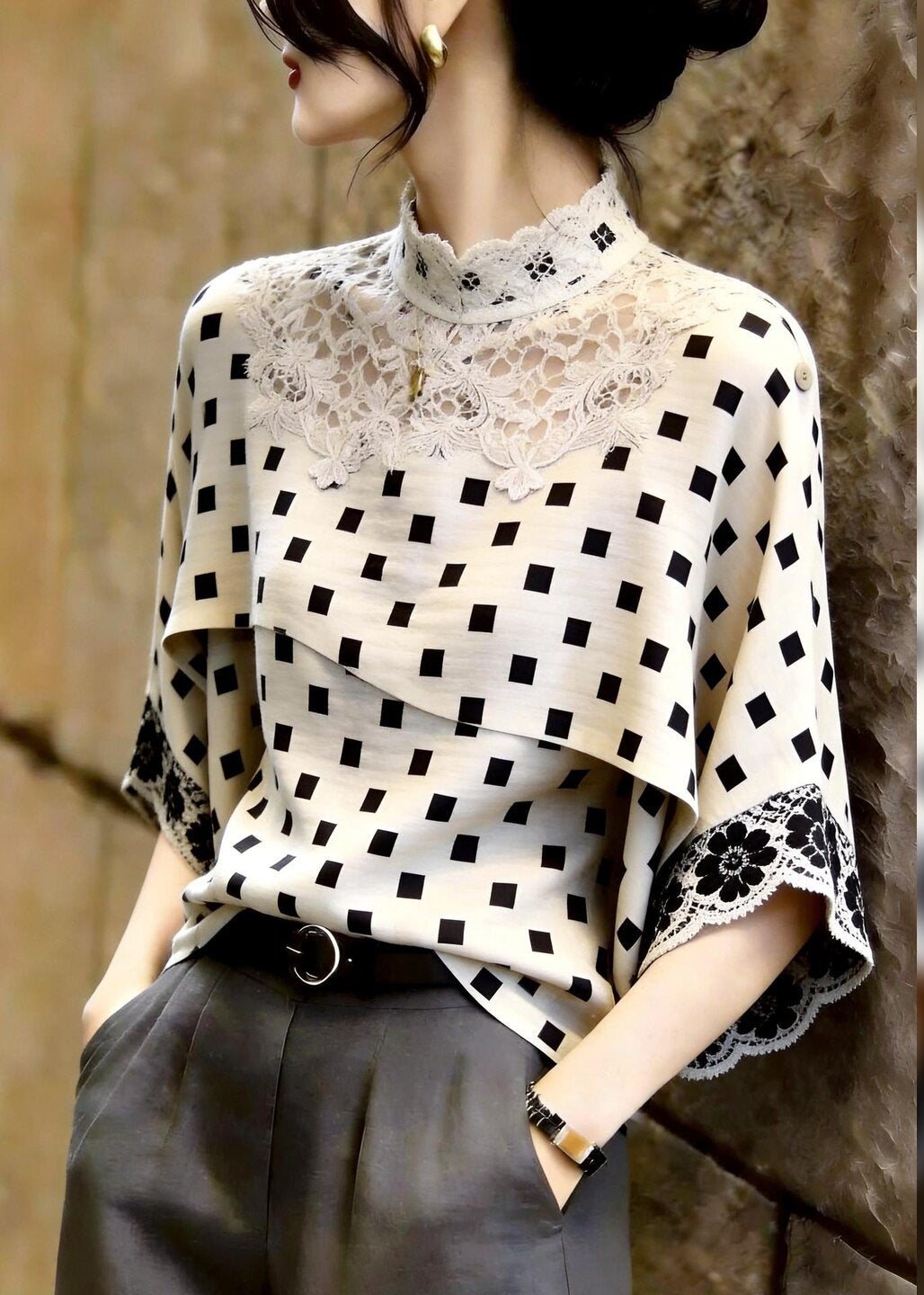 Classy Beige Stand Collar Plaid Lace Patchwork Top Three Quarters Sleeve