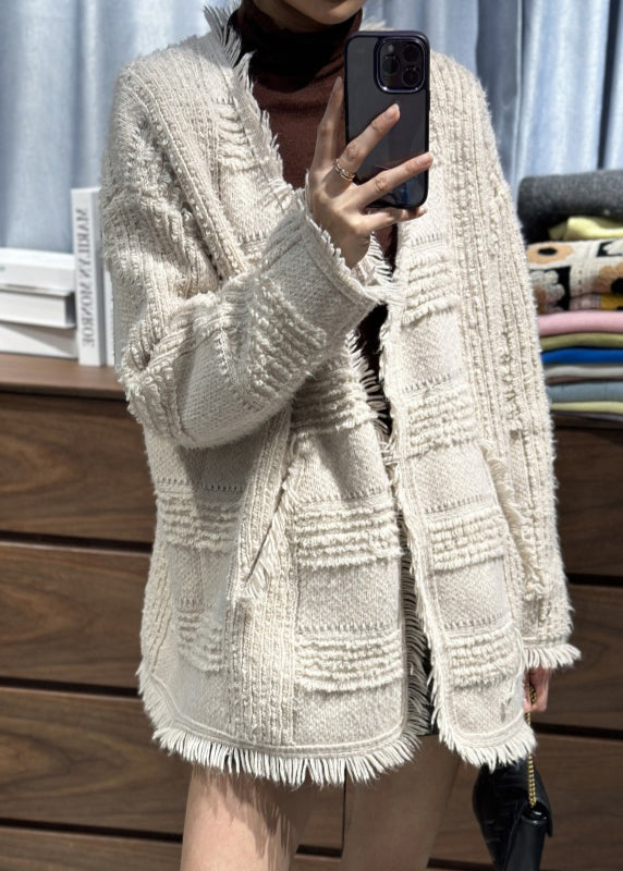 Classy Beige V Neck Tassel Woolen Loose Cardigans Spring