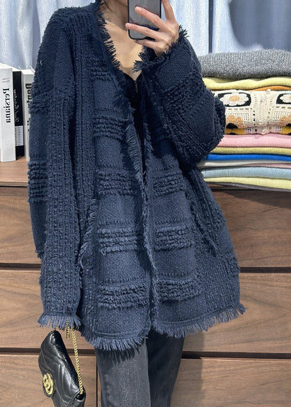 Classy Beige V Neck Tassel Woolen Loose Cardigans Spring