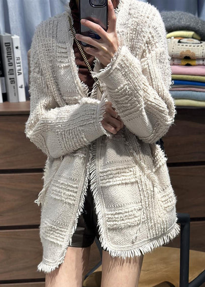Classy Beige V Neck Tassel Woolen Loose Cardigans Spring