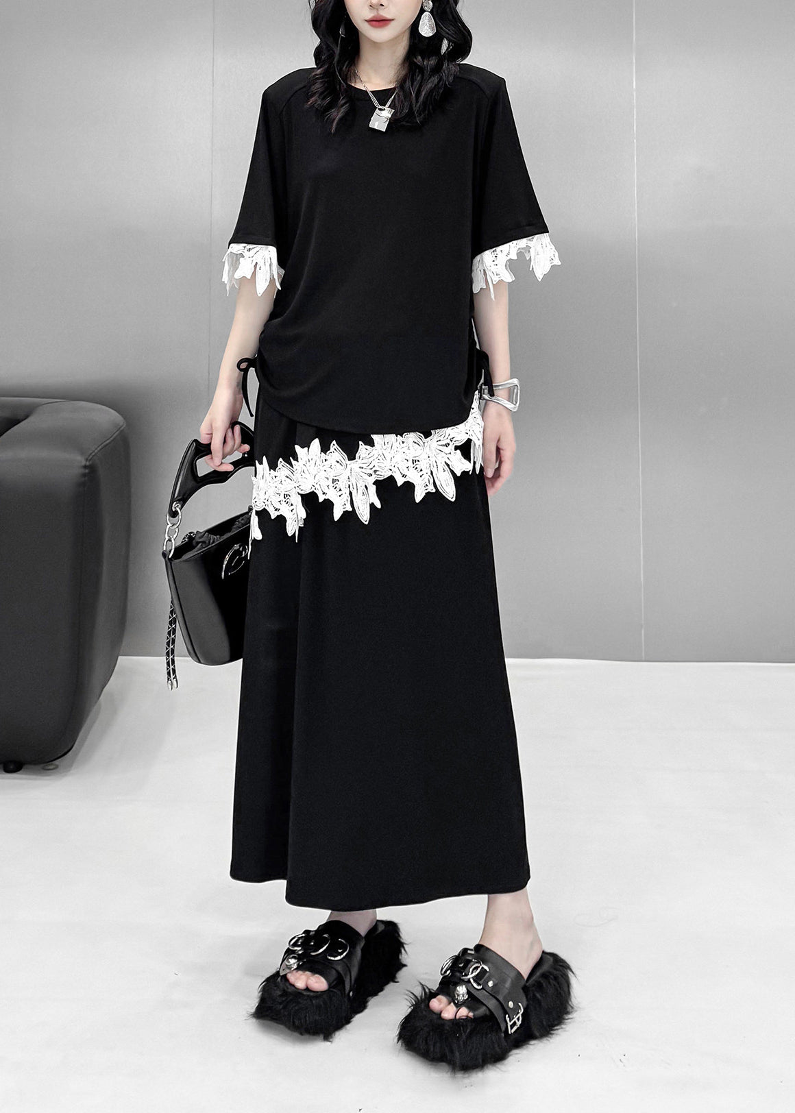 Classy Black Asymmetrical Patchwork Lace Two Pieces Set Summer