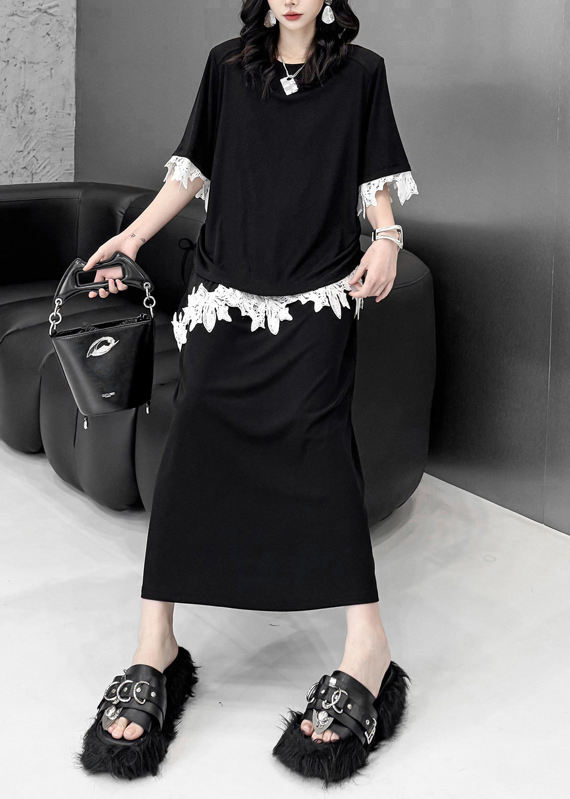 Classy Black Asymmetrical Patchwork Lace Two Pieces Set Summer