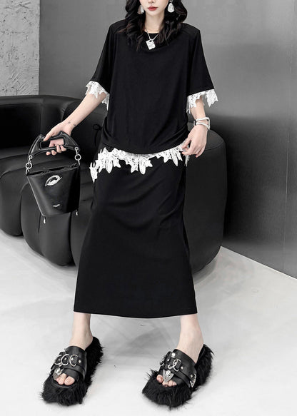 Classy Black Asymmetrical Patchwork Lace Two Pieces Set Summer