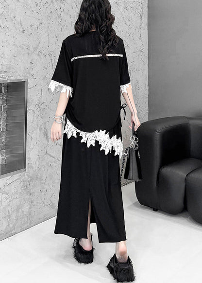 Classy Black Asymmetrical Patchwork Lace Two Pieces Set Summer
