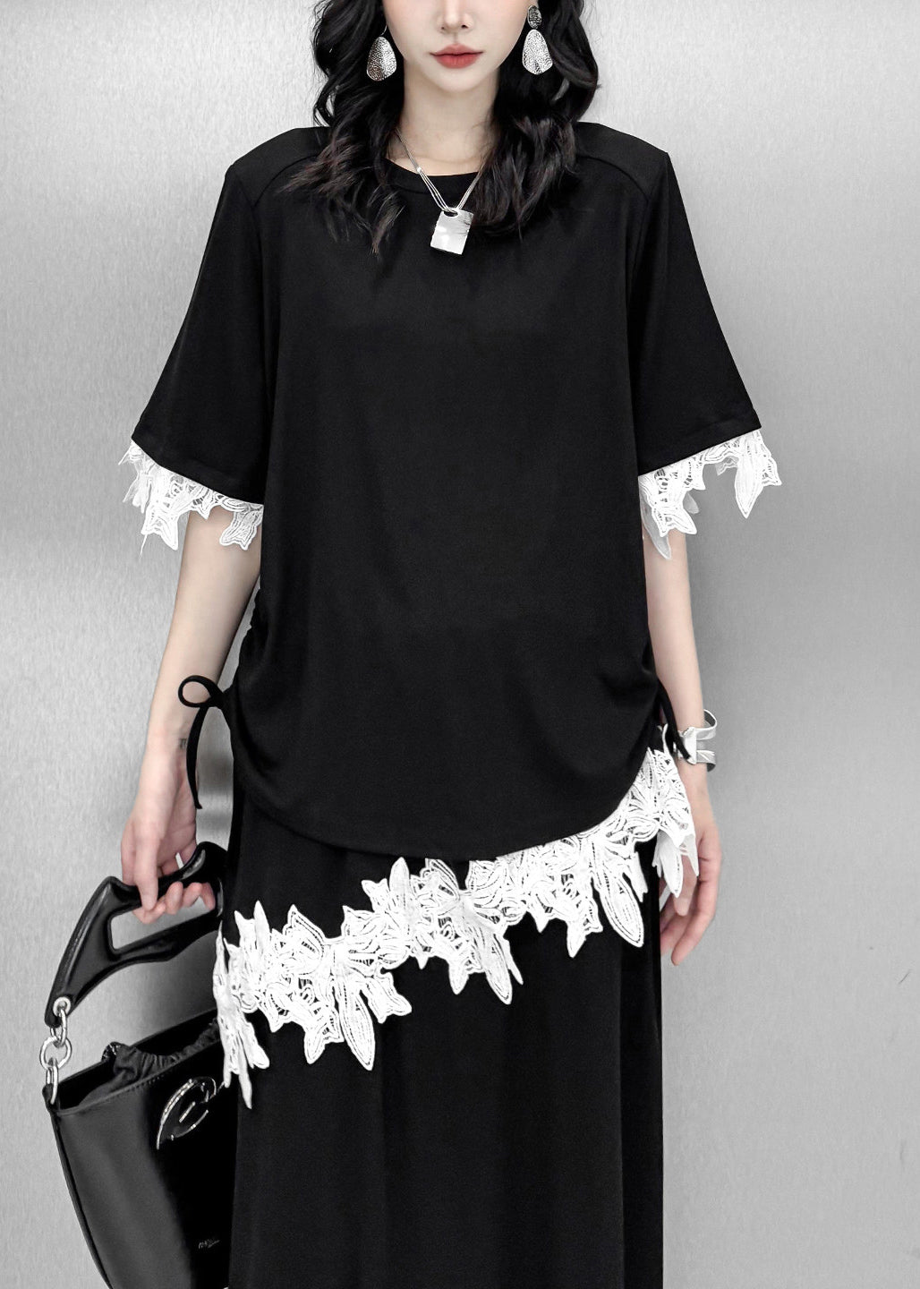 Classy Black Asymmetrical Patchwork Lace Two Pieces Set Summer
