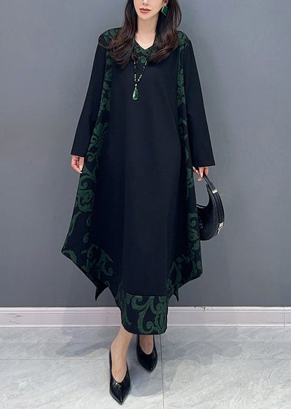 Classy Black Asymmetrical Print Patchwork Cotton Dresses Long Sleeve