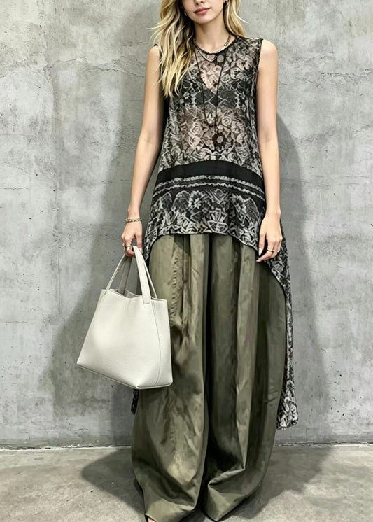 Classy Black Asymmetrical Print Top And Wide Leg Pants Two Pieces Set Sleeveless