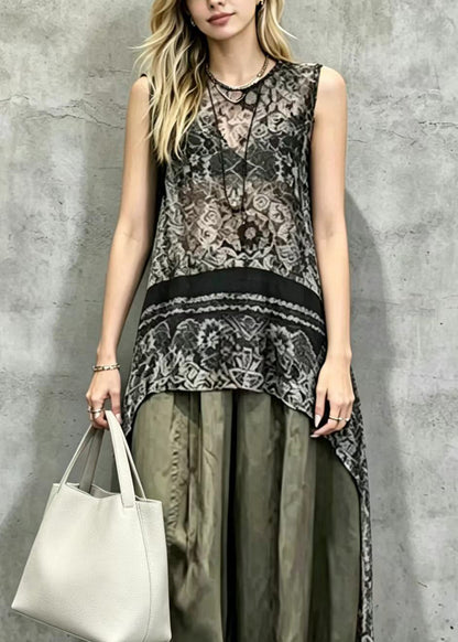 Classy Black Asymmetrical Print Top And Wide Leg Pants Two Pieces Set Sleeveless
