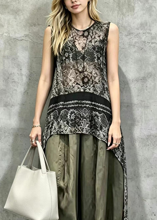 Classy Black Asymmetrical Print Top And Wide Leg Pants Two Pieces Set Sleeveless