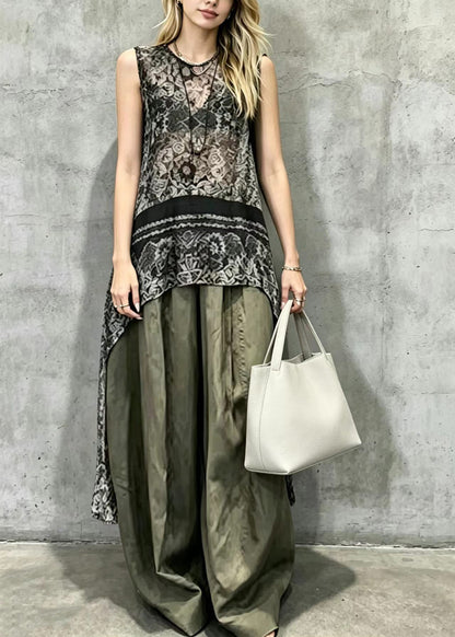 Classy Black Asymmetrical Print Top And Wide Leg Pants Two Pieces Set Sleeveless