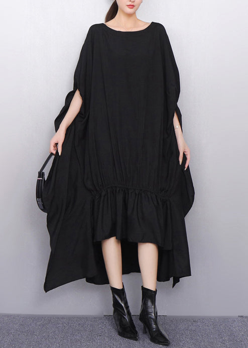 Classy Black Asymmetrical Wrinkled Cotton Party Dress Batwing Sleeve
