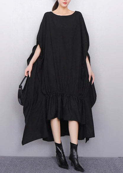 Classy Black Asymmetrical Wrinkled Cotton Party Dress Batwing Sleeve