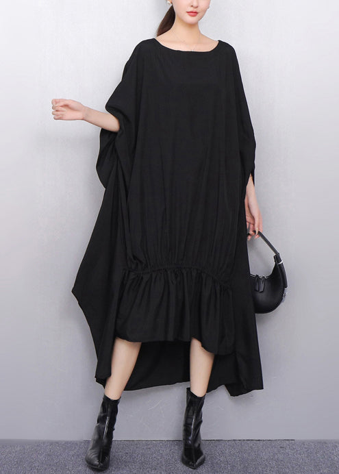 Classy Black Asymmetrical Wrinkled Cotton Party Dress Batwing Sleeve