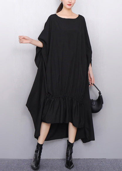 Classy Black Asymmetrical Wrinkled Cotton Party Dress Batwing Sleeve