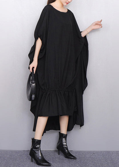 Classy Black Asymmetrical Wrinkled Cotton Party Dress Batwing Sleeve