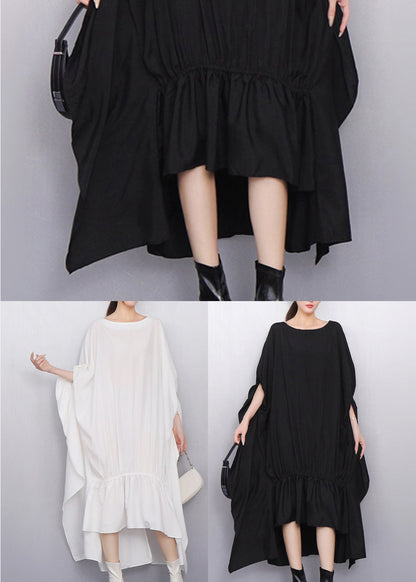 Classy Black Asymmetrical Wrinkled Cotton Party Dress Batwing Sleeve
