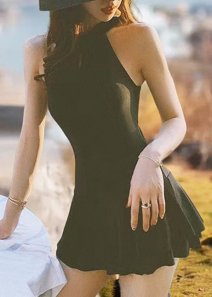 Classy Black Backless Halter Swimwear Dress Bodysuit