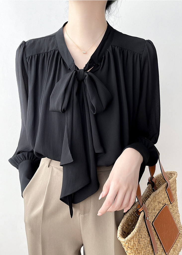 Classy Black Bow Draping Chiffon Shirt Tops Spring