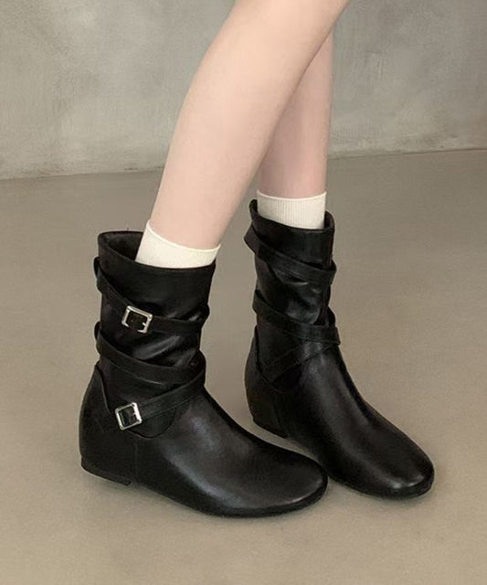 Classy Black Buckle Strap Faux Leather Slouch Wedge Boots