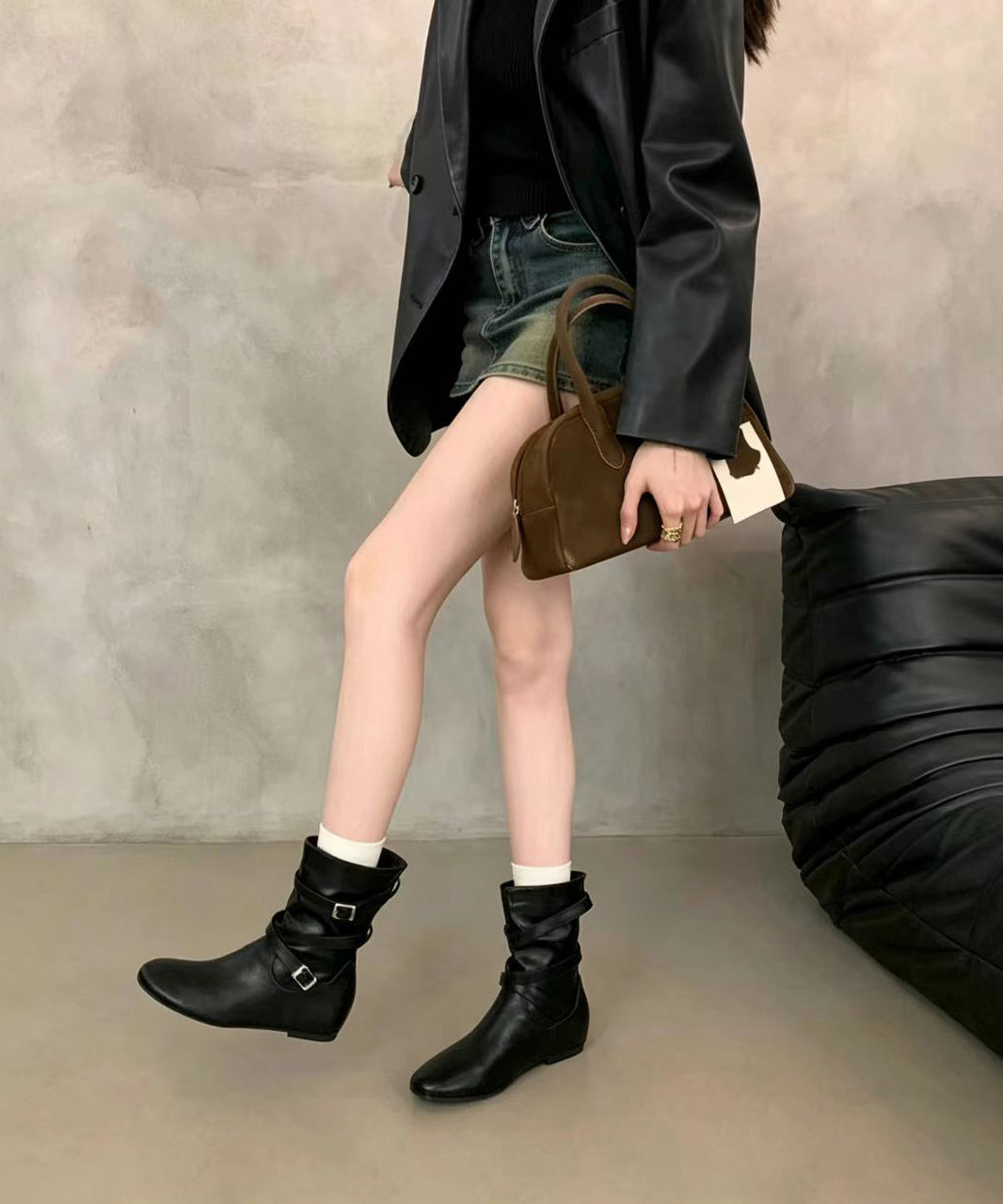 Classy Black Buckle Strap Faux Leather Slouch Wedge Boots