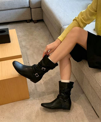 Classy Black Buckle Strap Faux Leather Slouch Wedge Boots