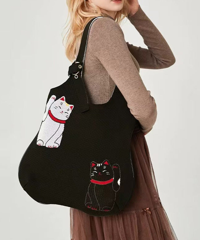 Classy Black Cat Embroidered Solid Durable Cotton Shoulder Bags