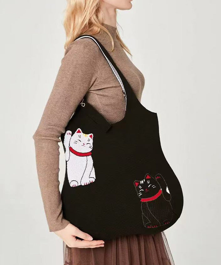 Classy Black Cat Embroidered Solid Durable Cotton Shoulder Bags