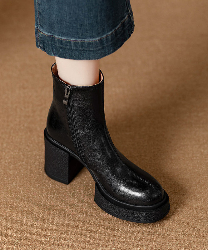 Classy Black Chunky Heel Cowhide Leather Splicing Boots