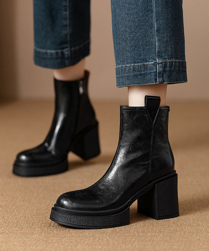Classy Black Chunky Heel Cowhide Leather Splicing Boots