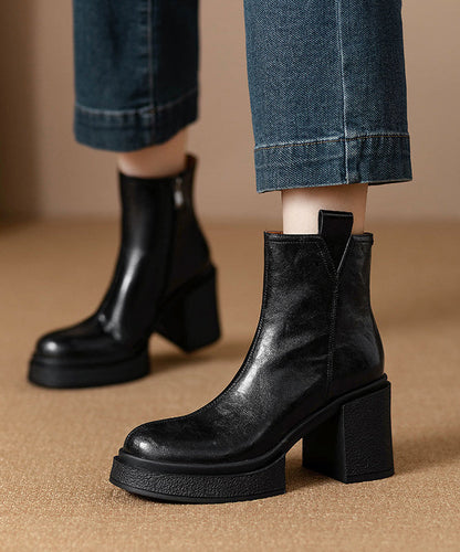Classy Black Chunky Heel Cowhide Leather Splicing Boots