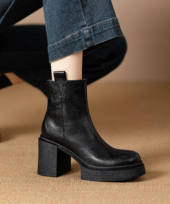 Classy Black Chunky Heel Cowhide Leather Splicing Boots
