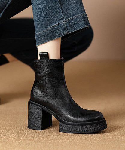 Classy Black Chunky Heel Cowhide Leather Splicing Boots