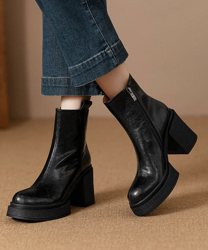 Classy Black Chunky Heel Cowhide Leather Splicing Boots