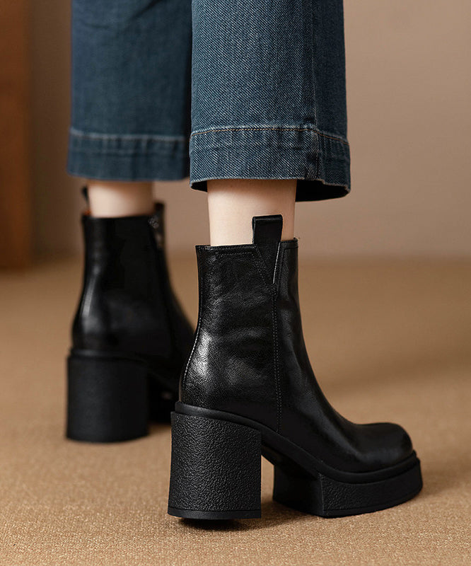 Classy Black Chunky Heel Cowhide Leather Splicing Boots