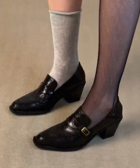 Classy Black Cowhide Leather Splicing Chunky Loafers