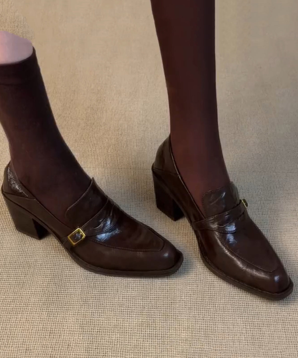 Classy Black Cowhide Leather Splicing Chunky Loafers