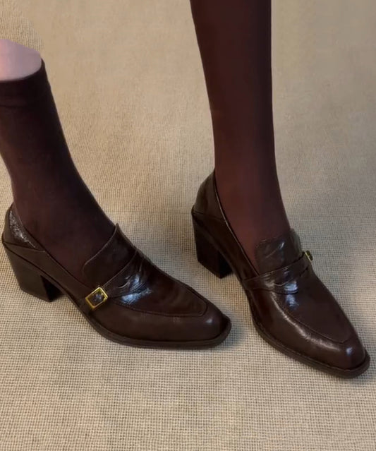 Classy Black Cowhide Leather Splicing Chunky Loafers