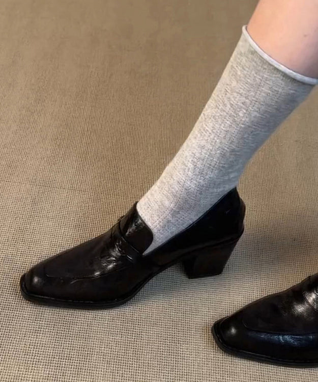 Classy Black Cowhide Leather Splicing Chunky Loafers