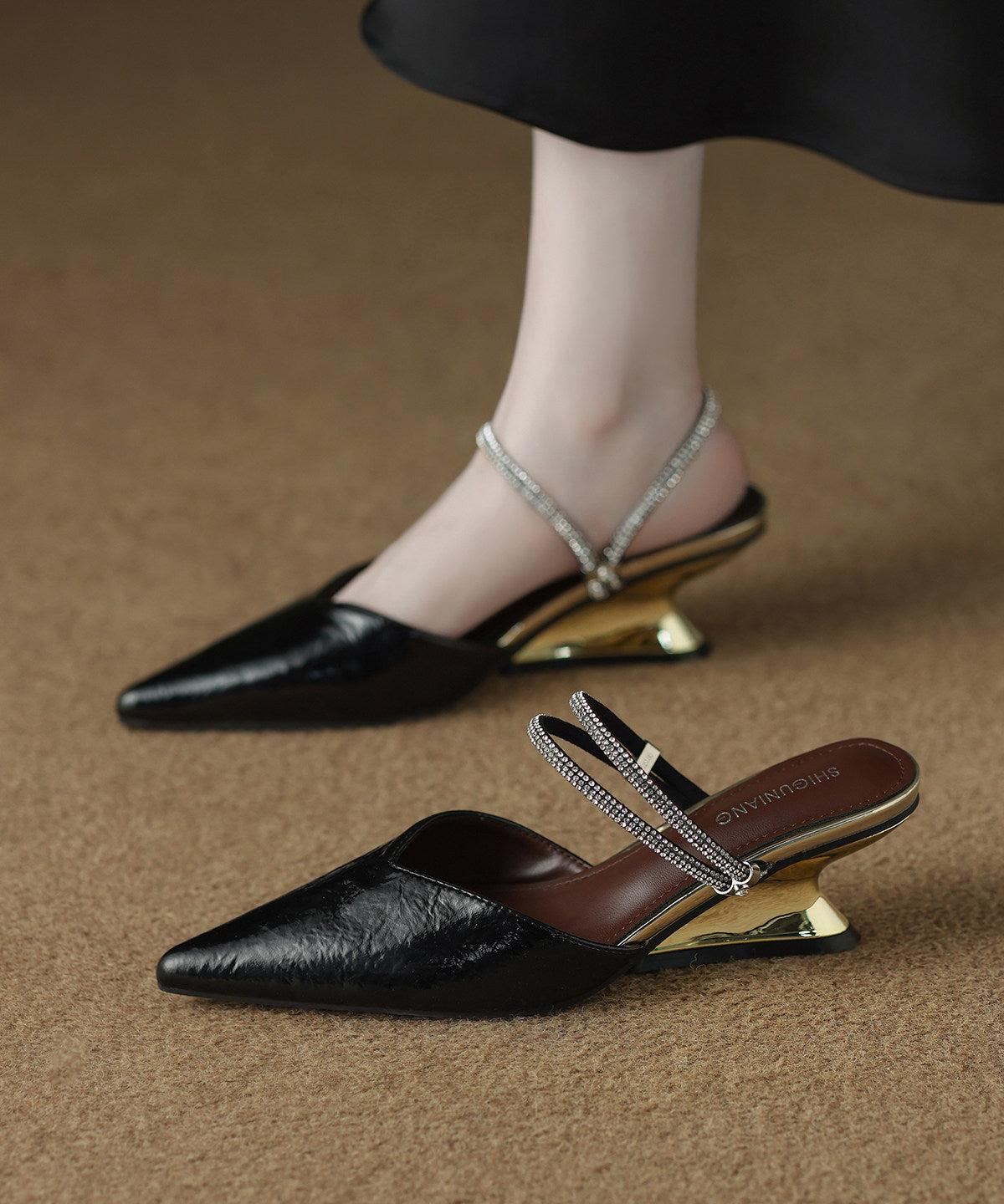 Classy Black Cowhide Leather Splicing Slide Sandals Pointed Toe