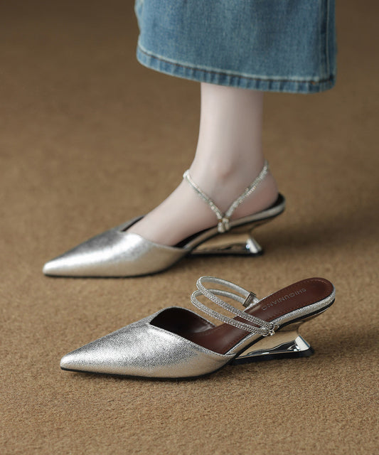 Classy Black Cowhide Leather Splicing Slide Sandals Pointed Toe