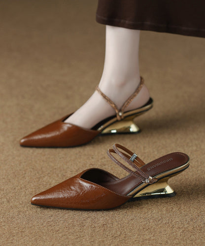 Classy Black Cowhide Leather Splicing Slide Sandals Pointed Toe