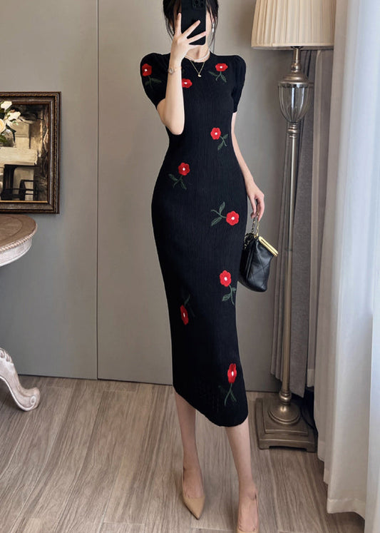 Classy Black Embroidered Floral Wraped Dresses Summer