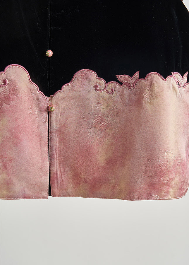 Classy Black Embroidered Patchwork Silk Velvet Vest Sleeveless