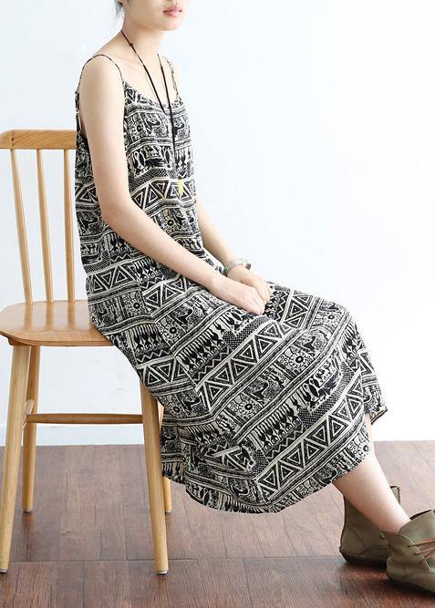 Classy Black Geometric A Line camisole Cotton Spaghetti Strap Dress - SooLinen