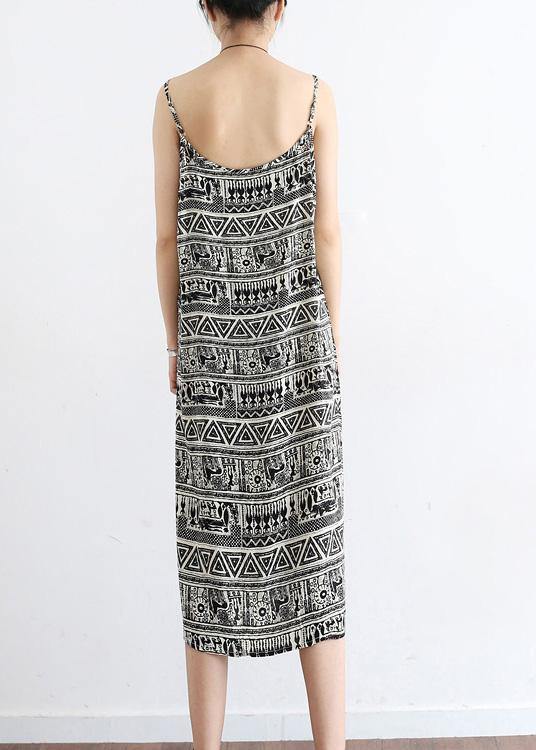 Classy Black Geometric A Line camisole Cotton Spaghetti Strap Dress - SooLinen